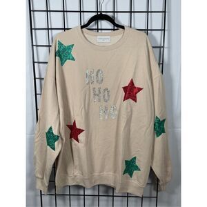 Christmas Ho Ho Ho‎ Glitzy Sweatshirt Womens 2XL Sand Rhinestone Star Patches